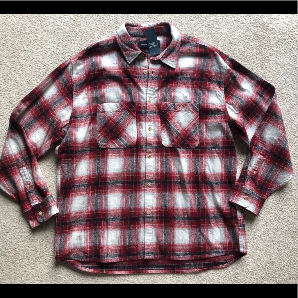 Abercrombie & Fitch Plaid Flannel Oversized Shirt Dark Red White Plaid Button Up